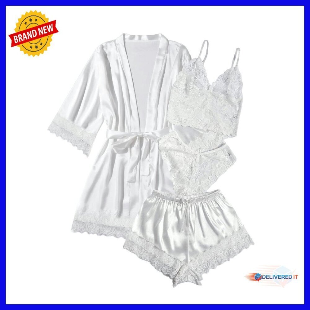 Silk Satin Pajama Set with Robe 4pc Lace Cami Sleepwear Lounge